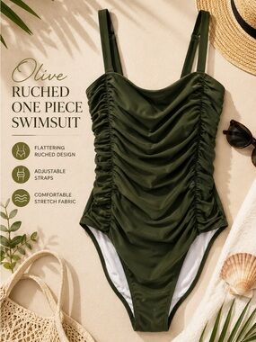 New Charmo Olive Green Ruched One-Piece Swimsuit with Adjustable Straps XL NWT